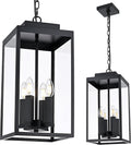 MELUCEE Large Outdoor Pendant Light Fixtures 4-Light, Farmhouse Exterior Hanging Lantern Porch Light, Black Hanging Lamp Ceiling Mount Outdoor Chandelier for Porch Patio Gazebo Entrance