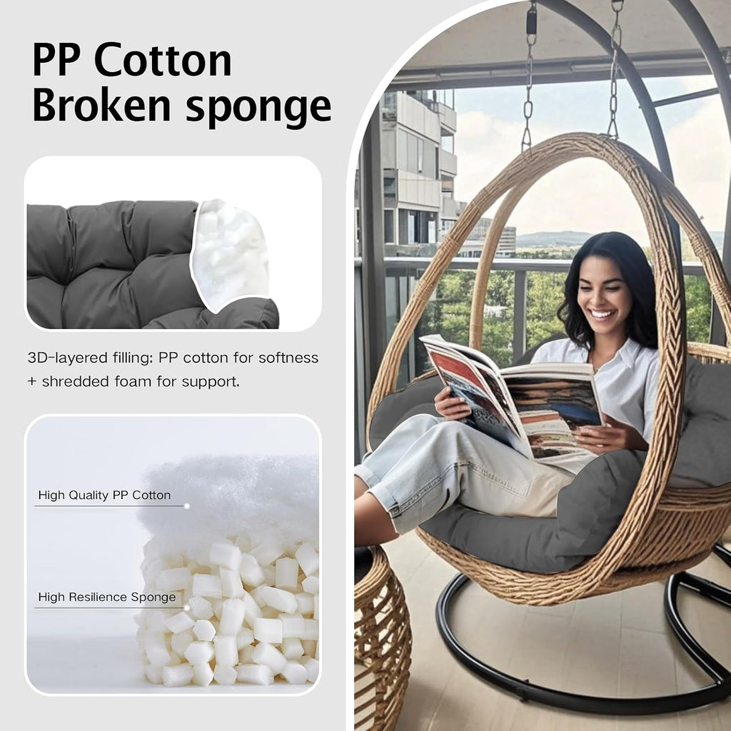 Thickened Waterproof Papasan Rocking Chair Cushion – 6.3'' Patio Egg Chair Pad with Ties, Outdoor/Indoor Rattan Hammock Chair Cushion for Porch, Garden, Balcony (Only Cushion) (Dark Grey)