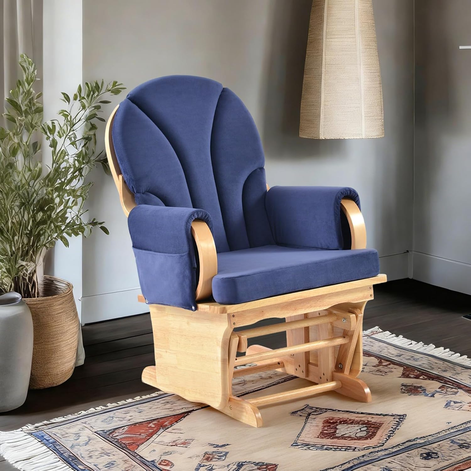 Comfortable Solid Wood Glider Rocker Chair with Plush Velvet Cushion Weight Bearing 280LBS - Modern Rocking Chair for Living Room, Nursery, Reading Nook - Blue+Natural Wood Color