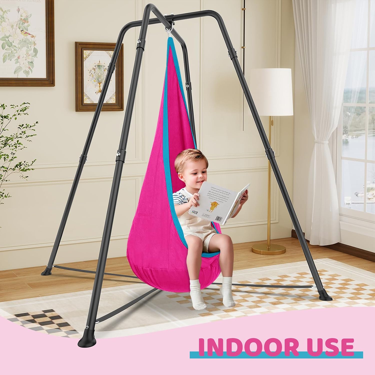 Swing Stand Frame with Sensory Pod Swings and Chair, Sensory Swing Set, X-Shaped Swing Frame, Heavy-Duty Metal Hammock Chair Stand for for Adults Indoor and Outdoor 330LBS(Pink)