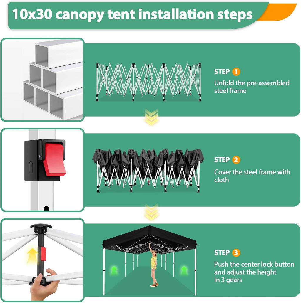COBIZI 10x30 Party Tent with Wheeled Bag 10x30 Pop up Canopy with One-Push Setup, Outdoor Canopy with 3 Sidewalls Gazebo Event Shelter for Wedding Commercial with Sandbags,Waterproof & UPF50+, Grey