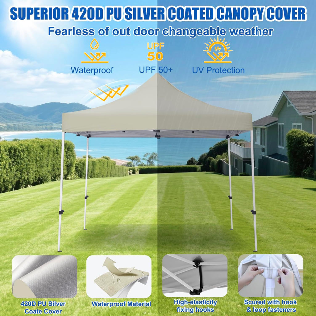 Yesker 10x10 Pop Up Canopy Tent with 4 Sidewalls Portable Folding Outdoor Canopy Easy Setup Gazebo Waterproof Instant Shelter Tent w Wheel Carry Bag sandbag for Events Parties Camping, Khaki Brown