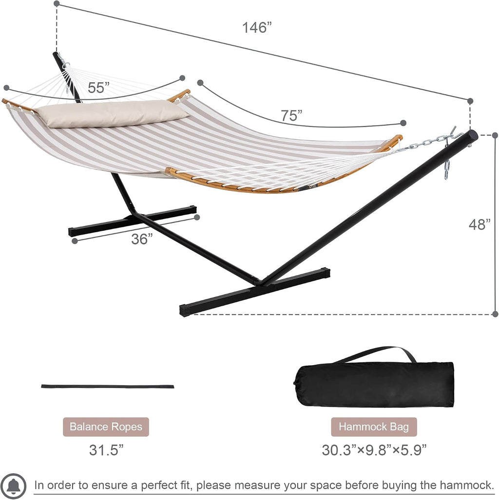 Double Hammock with Stand for Outside, Quick Dry Hammock with Curved Spreader Bars, Pillow and Carrying Bag, 450 Lbs Capacity, Light Brown Stripe