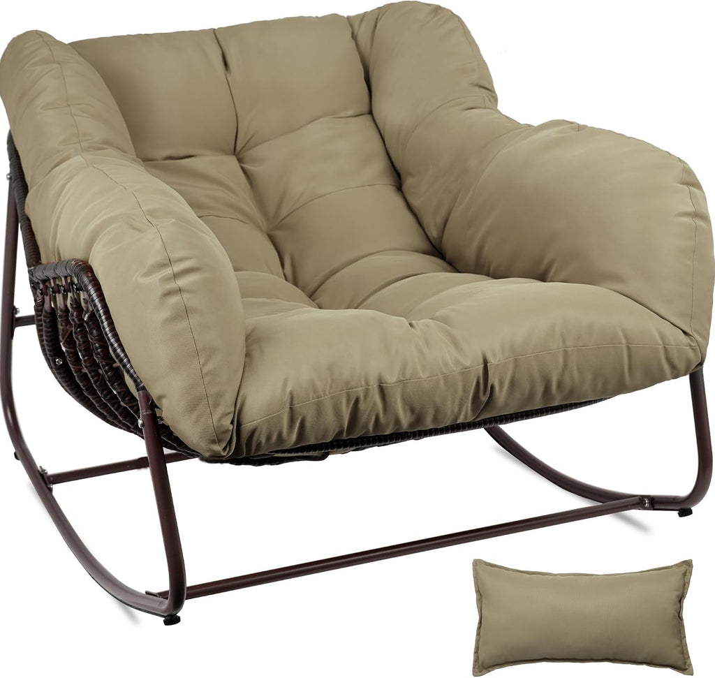 Outdoor Papasan Rocking Chair, Oversized Patio Rocking Chairs with Padded Cushion& Pillow-Comfortable Rocker Egg Chair for Front Porch, Garden, Patio, Backyard,1PC,Khaki