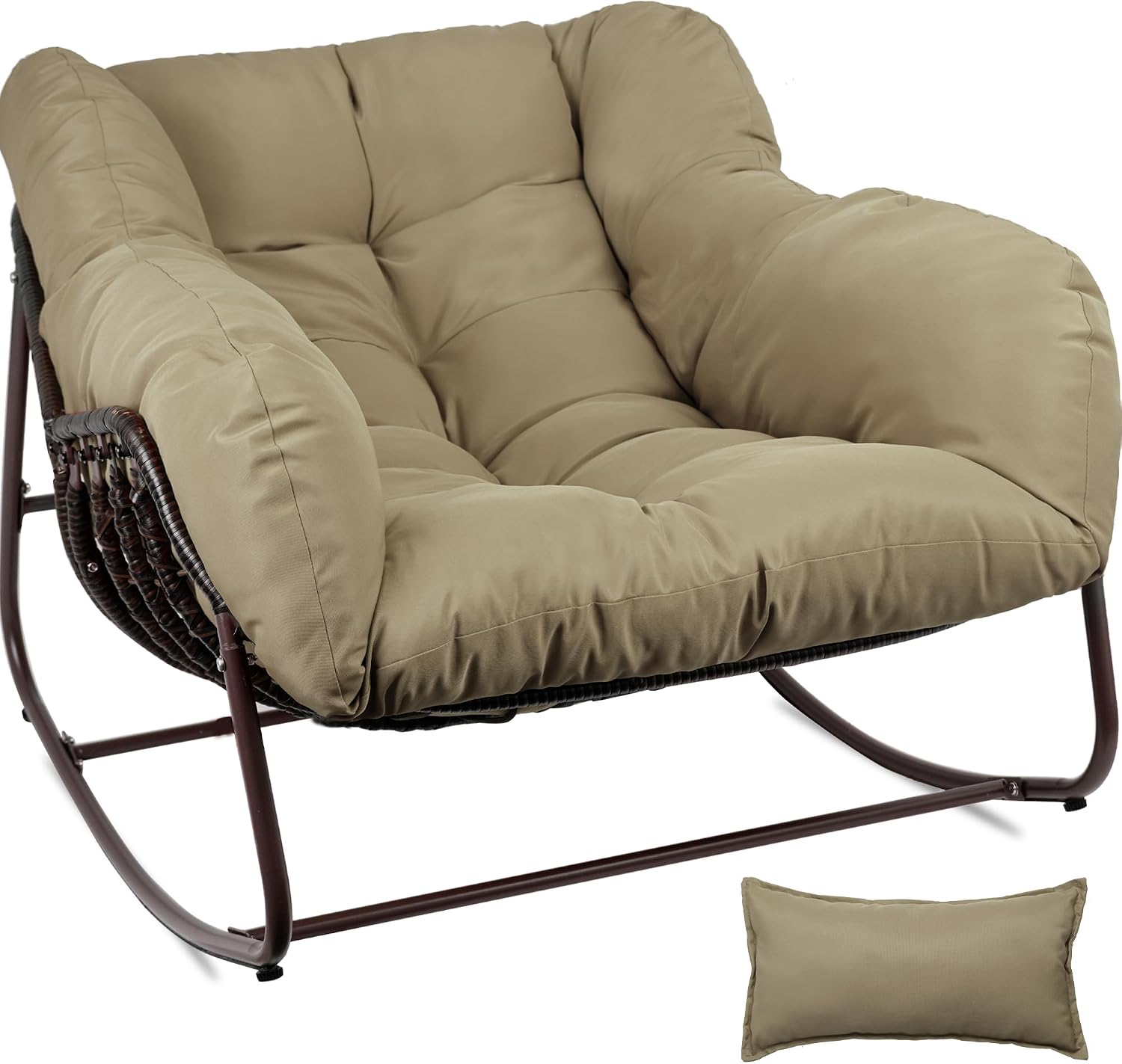 Outdoor Papasan Rocking Chair, Oversized Patio Rocking Chairs with Padded Cushion& Pillow-Comfortable Rocker Egg Chair for Front Porch, Garden, Patio, Backyard,1PC,Khaki