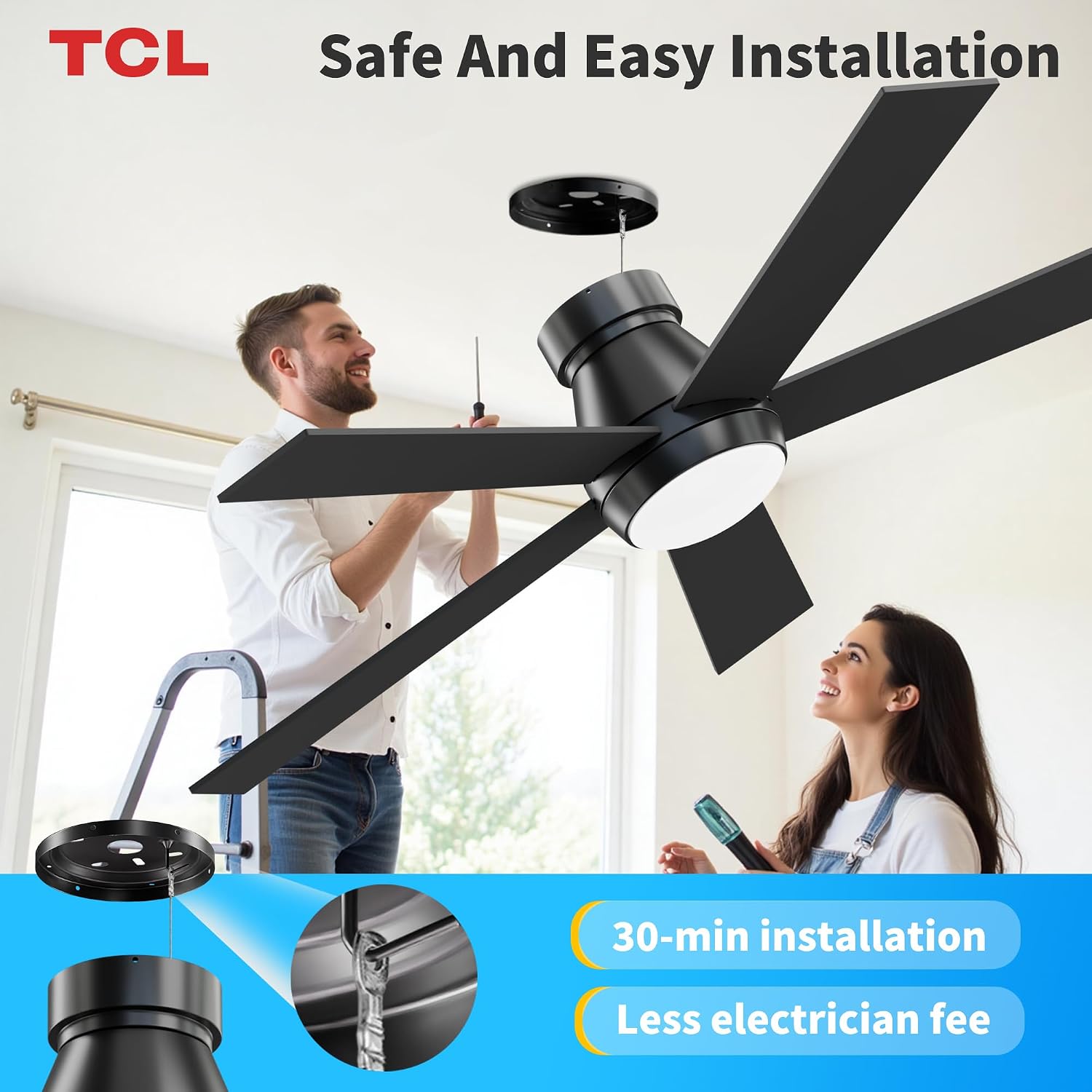 TCL 52' Black Ceiling Fan with Light and Remote, Modern LED 3-Color, 3CCT, Quiet Motor for Bedroom, Living Room, Dining Room, Ceiling Fans with Lights (Black)