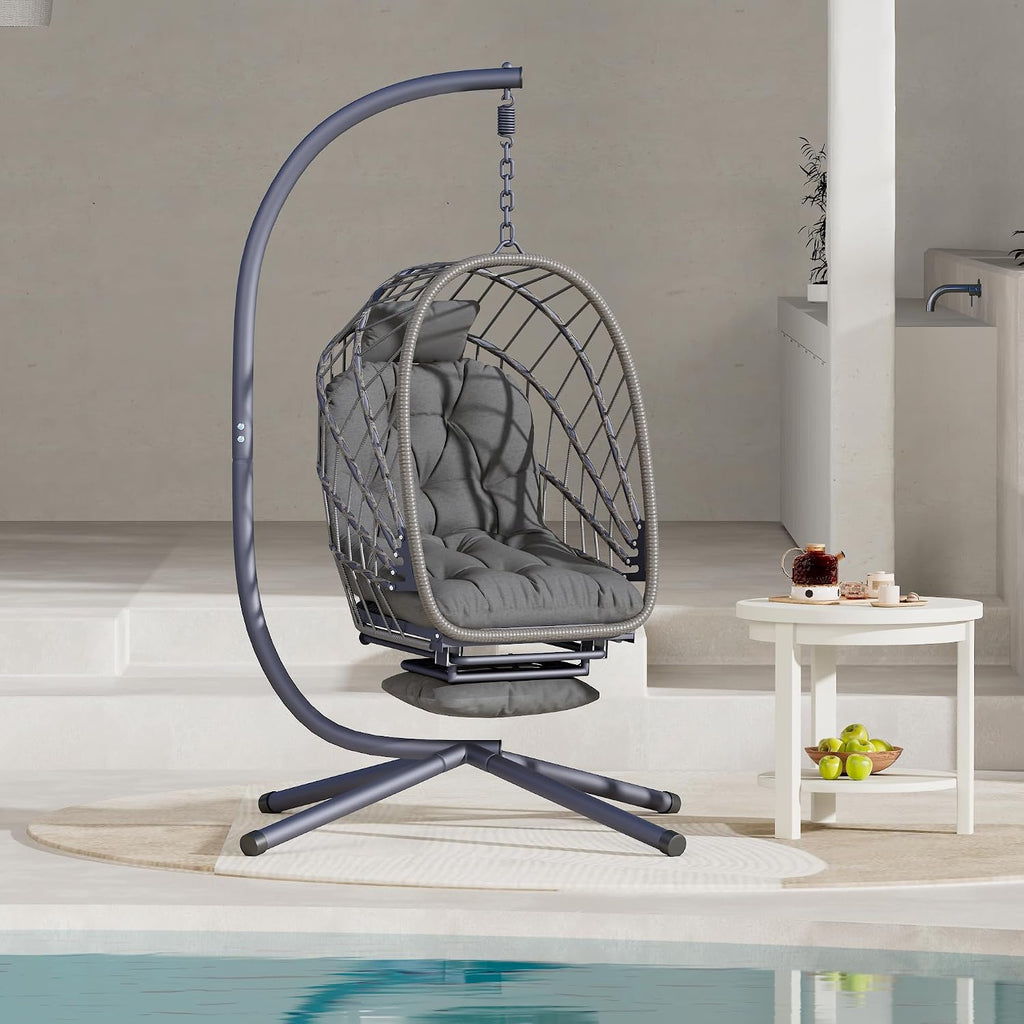 Outdoor Swing Egg Chair with Stand and Footrest, Comfy Patio Hammock Hanging Rocking Egg Chair with Cushion for Bedroom Indoor, Dark Gray