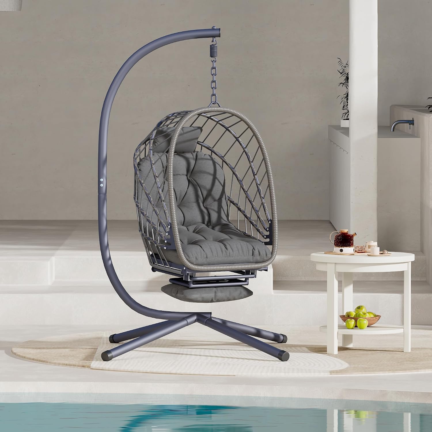 Outdoor Swing Egg Chair with Stand and Footrest, Comfy Patio Hammock Hanging Rocking Egg Chair with Cushion for Bedroom Indoor, Dark Gray