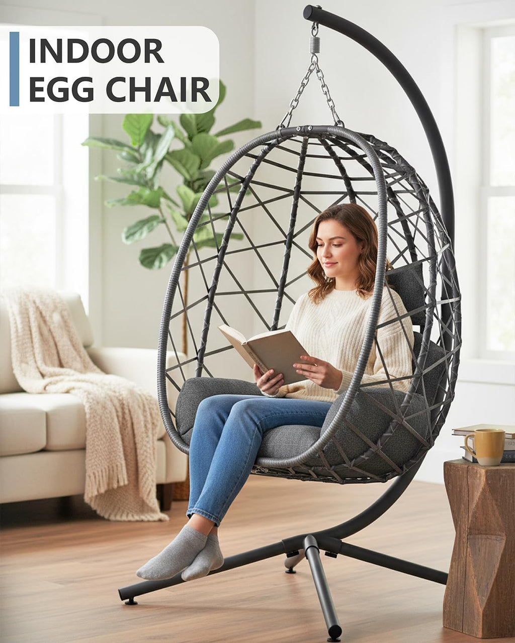 SWITTE Hanging Egg Chair with Stand, Outdoor Indoor Rattan Wicker Egg Swing Chair with Cushion, Heavy Duty Patio Hammock Chairs for Garden Backyard Balcony Bedroom, 400LBS Capacity, Dark Grey