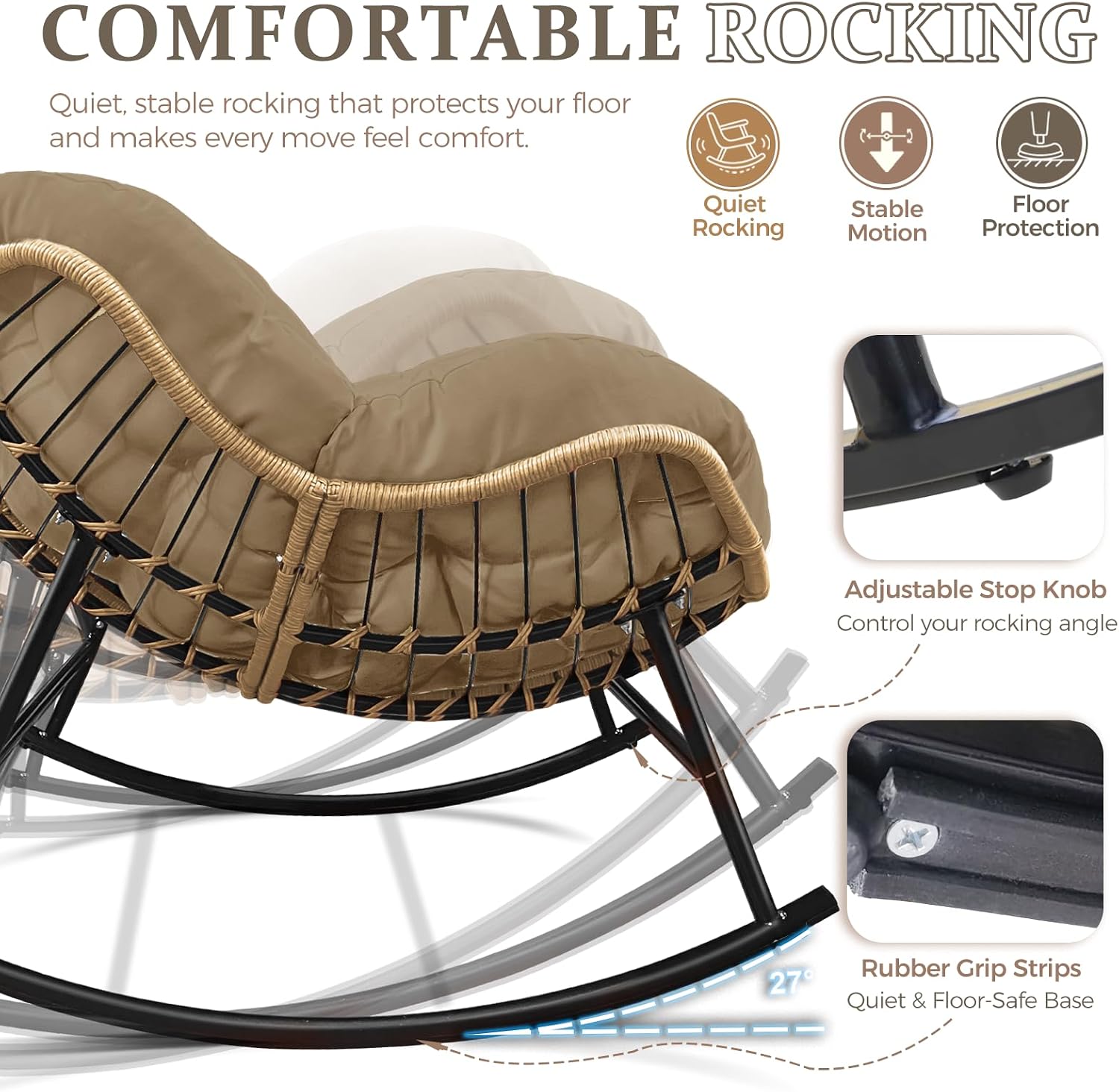 FINCATI Patio Rocking Chair Set of 2, Outdoor Indoor Oversized Papasan Chairs, 2 Person Double Wicker Egg Rockers with Padded Cushions, Comfort Lounger Funiture for Reading Relaxing Outside Bedroom