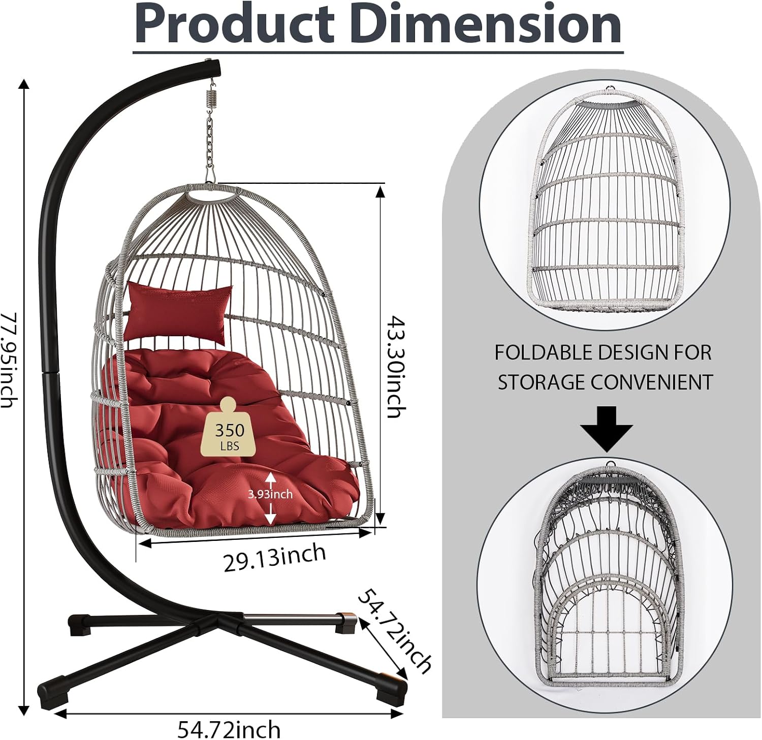 Foldable Hanging Egg Chair with Stand, HDPE Rattan and Heavy Duty Aluminum-Steel Frame, Outdoor Patio Wicker Swing Egg Chair with Headrest and Cushion, 350 Lbs Capacity, Red