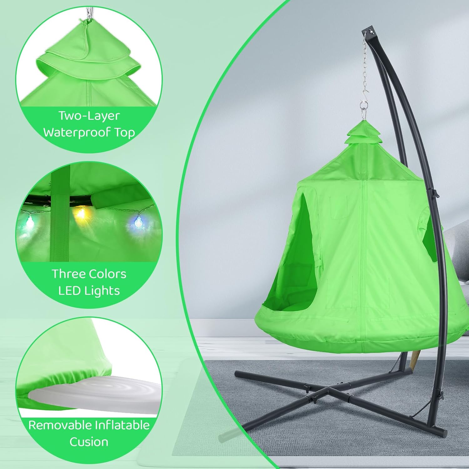 Arlopu Hanging Hammock X-Stand w/Tree Tent, Indoor Metal Swing Chair Stand w/Play Tent, Outdoor Egg Basket Patio Seat w/Support Stand, Porch Bedroom Balcony Chair w/Adjustable Solid Stand (Green)