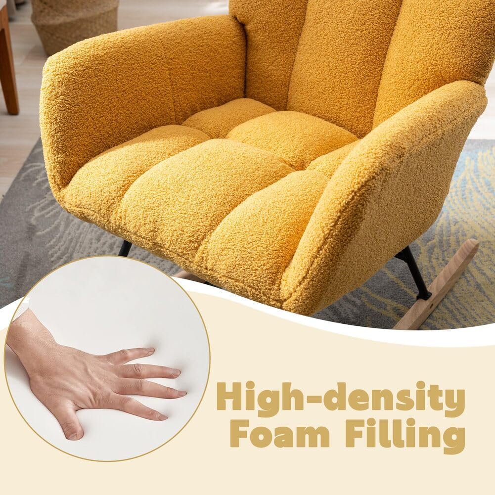Nursery Rocking Chair Teddy Upholstered Glider Rocker Rocking Accent Chair with High Backrest Armchair Comfy Side Chair for Living Room, Bedroom, Offices (Turmeric)