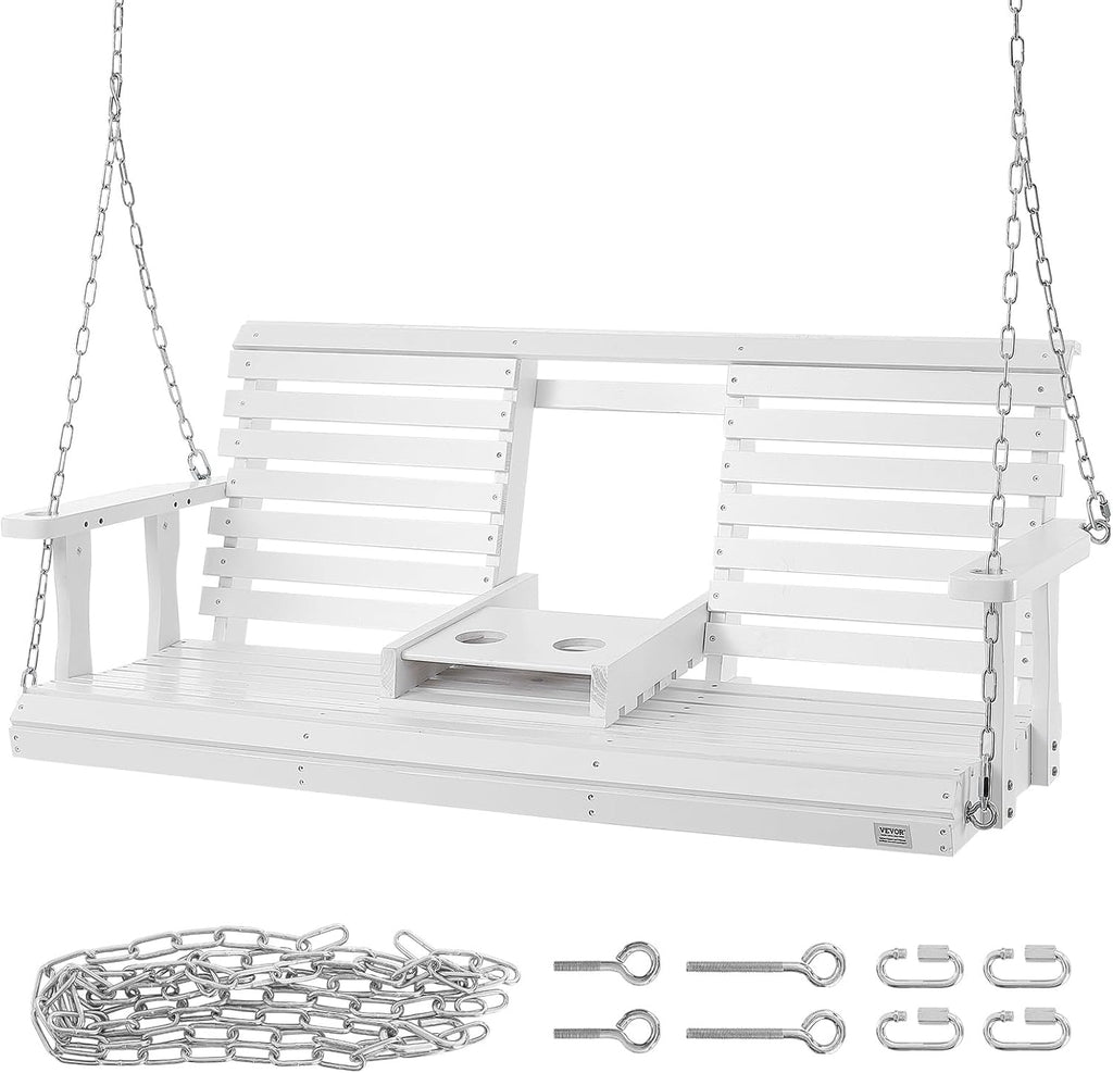 VEVOR Wooden Porch Swing 5 ft, Patio Bench Swing for Courtyard & Garden, Upgraded 880 lbs Strong Load Capacity, Heavy Duty Swing Chair Bench with Hanging Chains for Outdoors, White