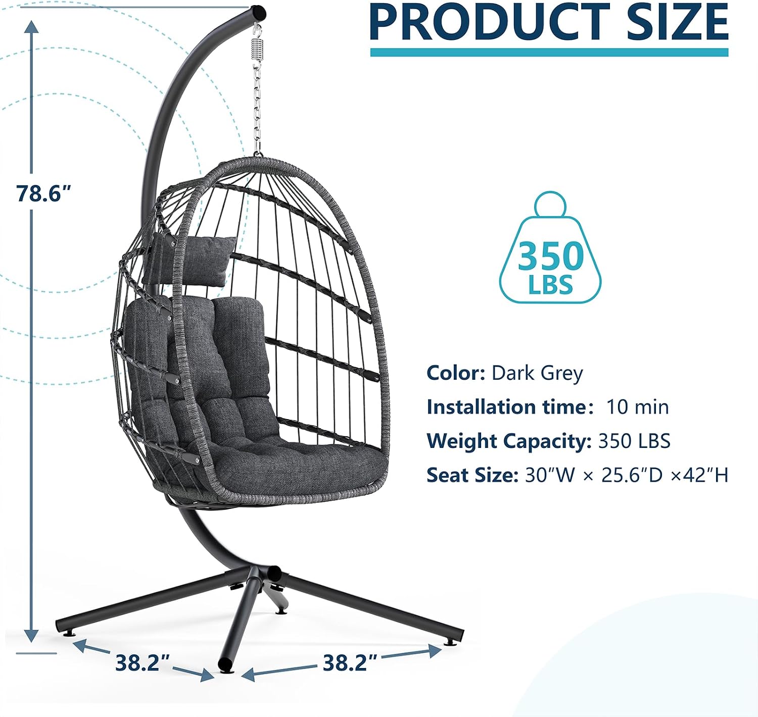 LEYCAY Hanging Egg Chair with Stand, Outdoor Indoor Swing Egg Chair with Cushion, Wicker Hammock for Patio, Bedroom 350 LBS Capacity-Dark Grey
