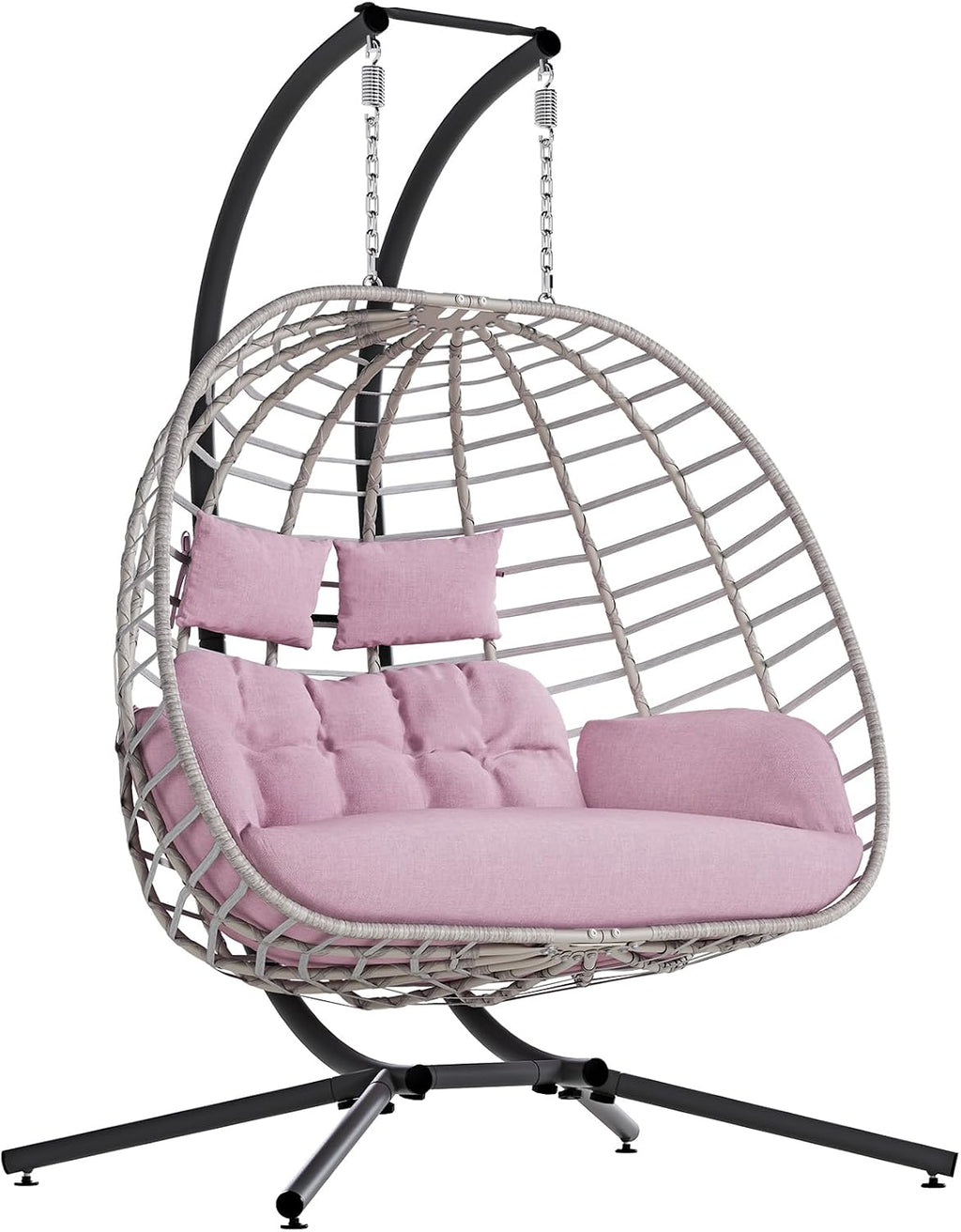 SWITTE Double Egg Swing Chair with Stand, Outdoor Patio 2 Person Hanging Wicker Hammock Chairs with Cushion for Indoor Bedroom, Lawn, Garden-Pink