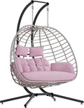 SWITTE Double Egg Swing Chair with Stand, Outdoor Patio 2 Person Hanging Wicker Hammock Chairs with Cushion for Indoor Bedroom, Lawn, Garden-Pink
