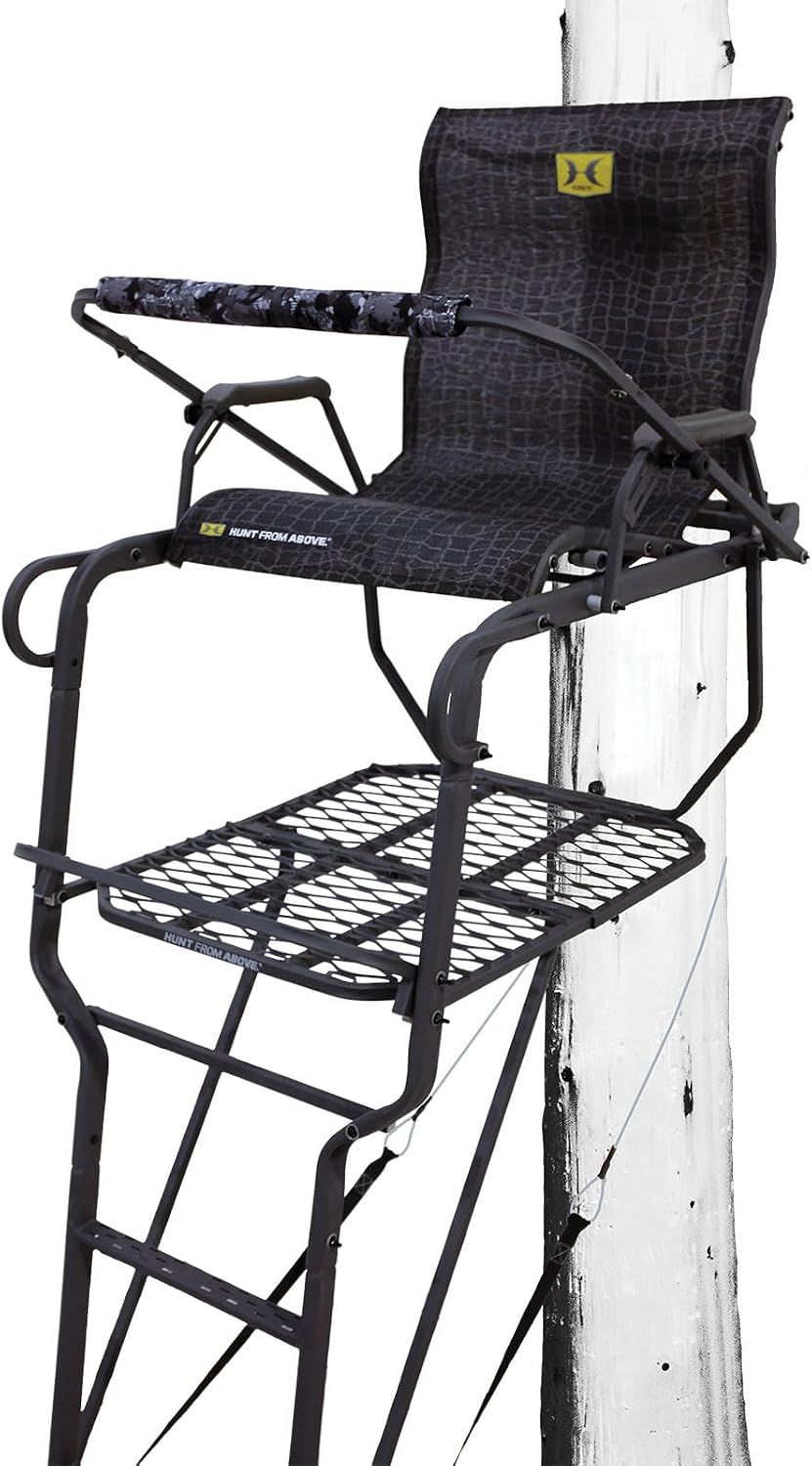 Hawk 21' Sasquatch 1.5-Man Ladder Stand | Durable Hunting Archery Steel 1 Person Tree Stand with Flip Up Chair, Hercules Cross Grip Safety System