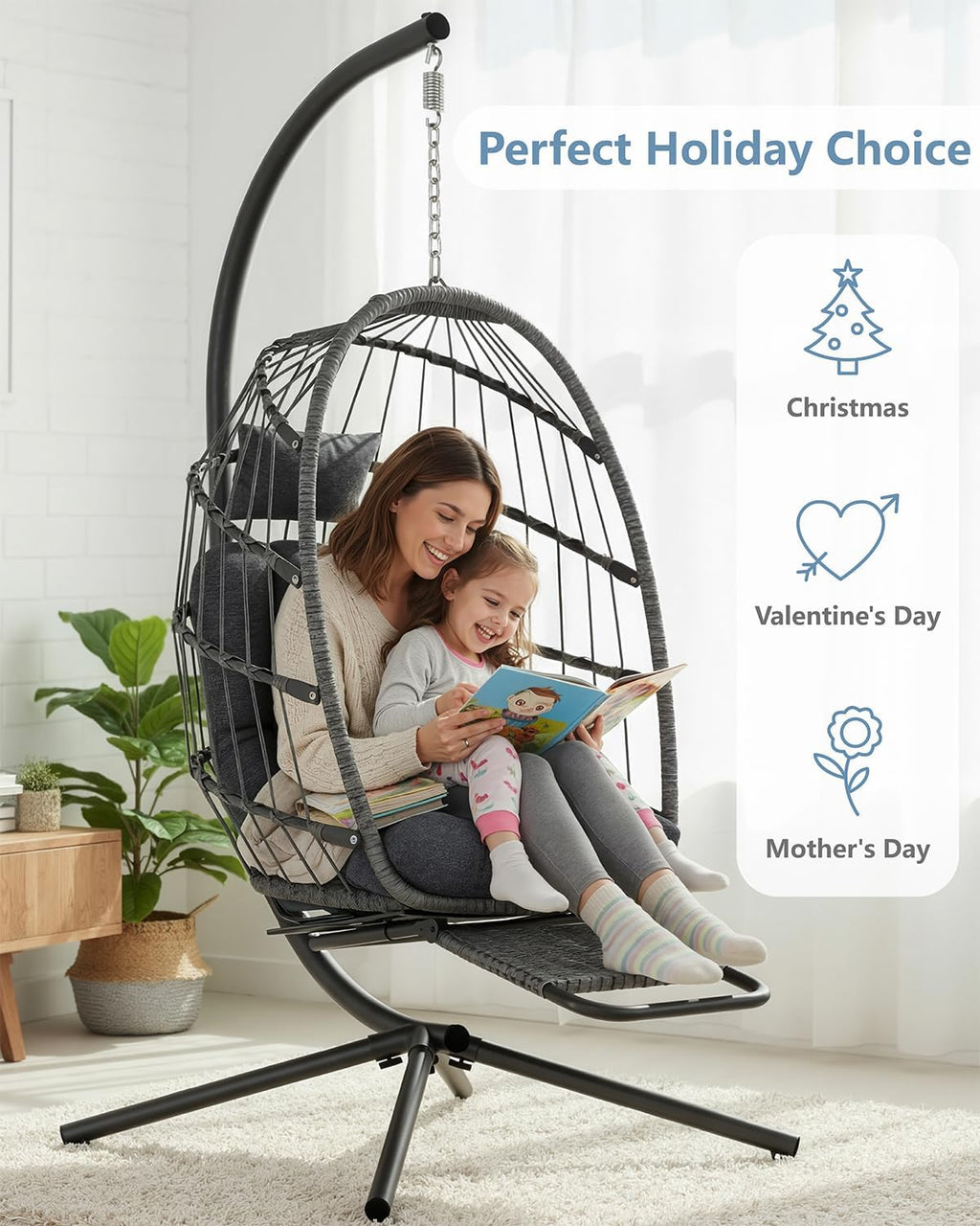 SWITTE Egg Chair Outdoor with Footrest & Stand, Indoor Wicker Hanging Egg Swing Hammock Chair with Cushion for Patio, Bedroom, Garden - Charcoal