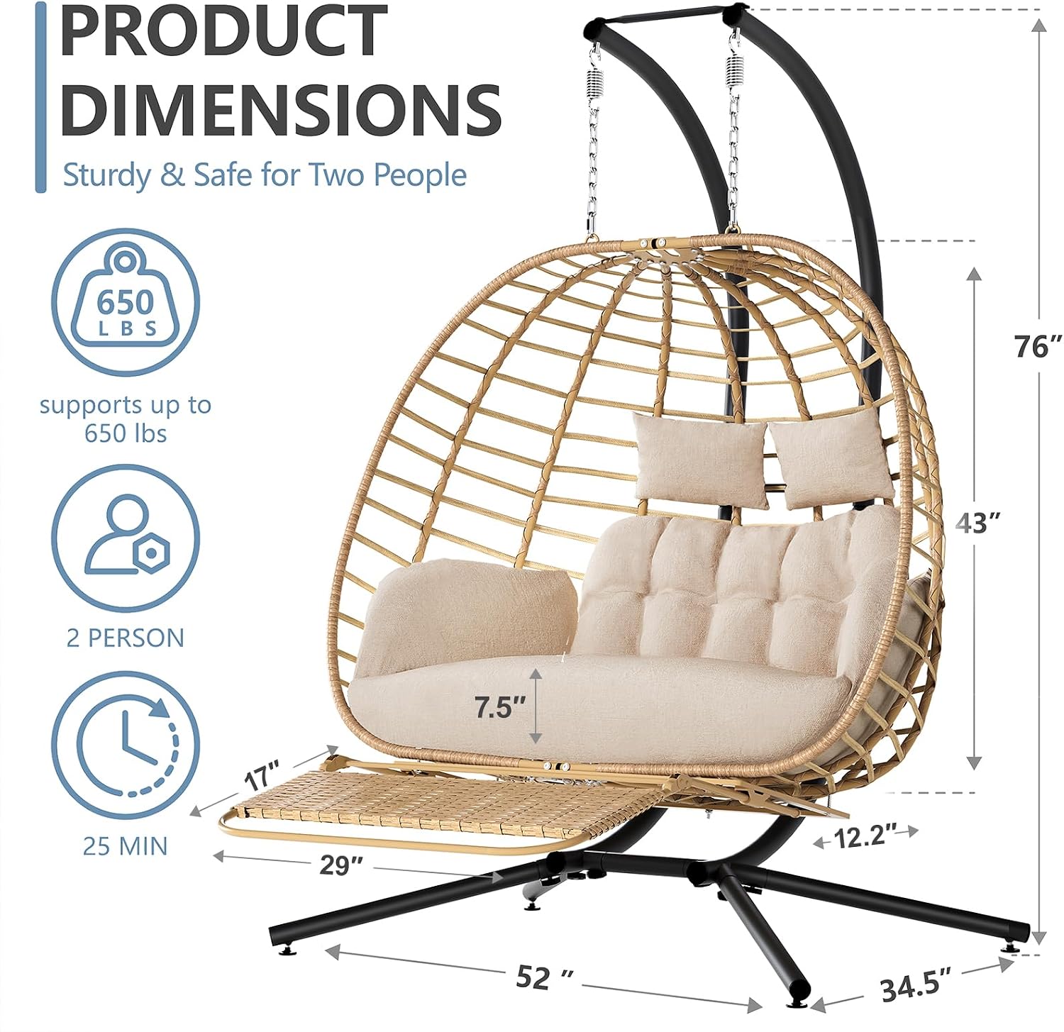 SWITTE Double Hanging Egg Chair with Stand & Footrest, Outdoor Patio 2 Person Wicker Hammock Swing Chairs with Cushion for Indoor Bedroom, Lawn, Garden-Natural