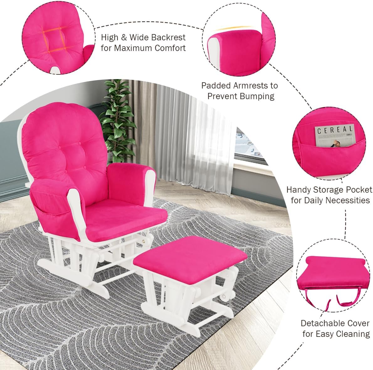 Costzon Nursery Glider with Ottoman, Upholstered Comfort Glider Rocker with Padded Cushion, Storage Pocket, Solid Wood Base, Rocking Chair Nursery for Breastfeeding, Napping (Deep Pink)