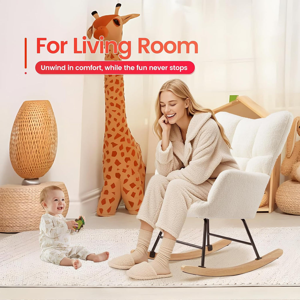HealSmart Nursery Rocking Chair Teddy - Upholstered Comfy Glider Rocker with High Back Armchair, Cozy Reading Recliner Fluffy Comfortable Chair for Bedroom, Baby Room, Living Room and Study, Beige