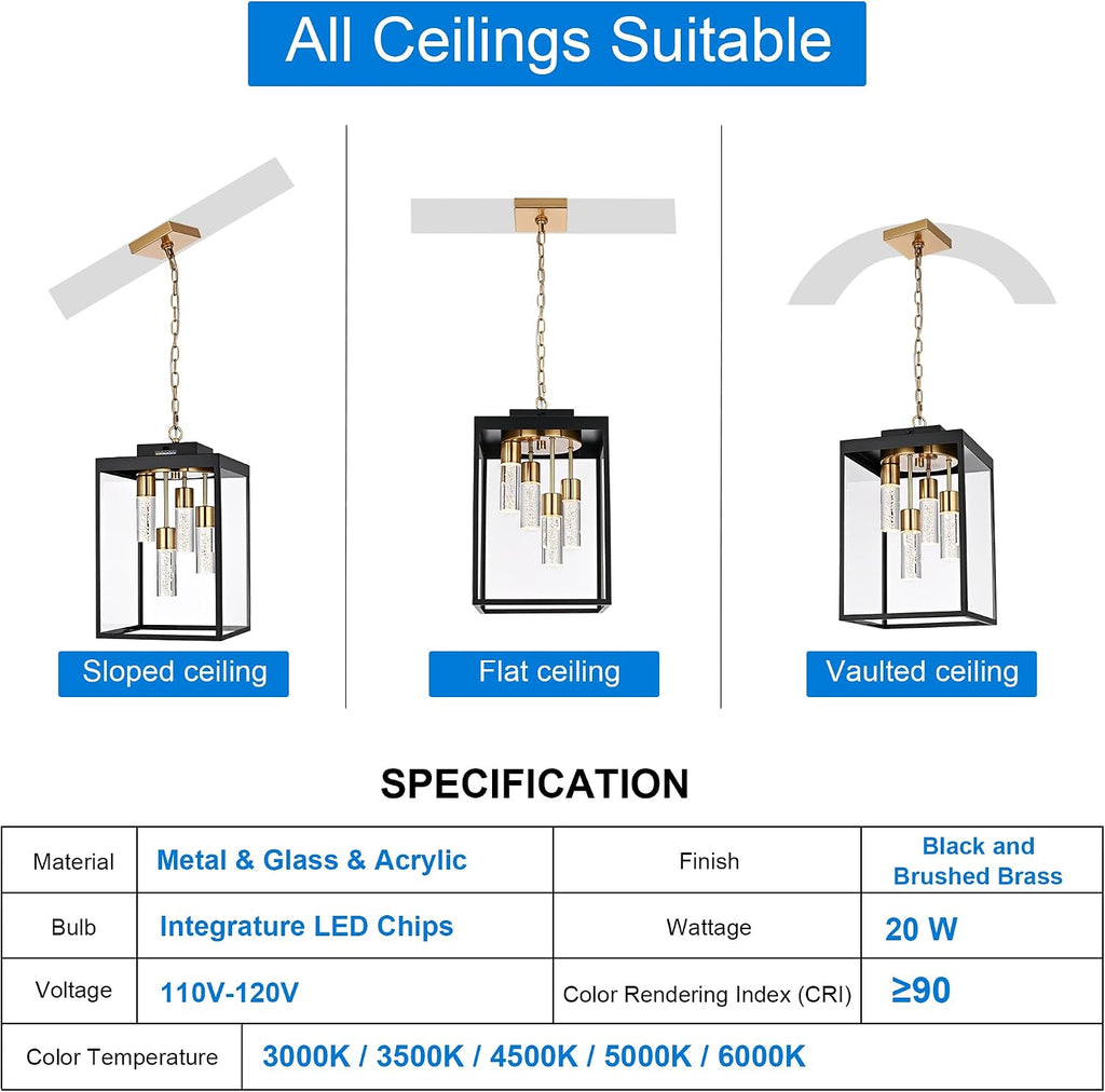 MELUCEE 15.7 Inch Outdoor Pendant Light 5 Color Dimmable LED Exterior Lantern Hanging Light Ceiling Mount with Clear Glass, Black Outside Chandelier for Porch Garage Gazebo Patio, Built-in LED Chips