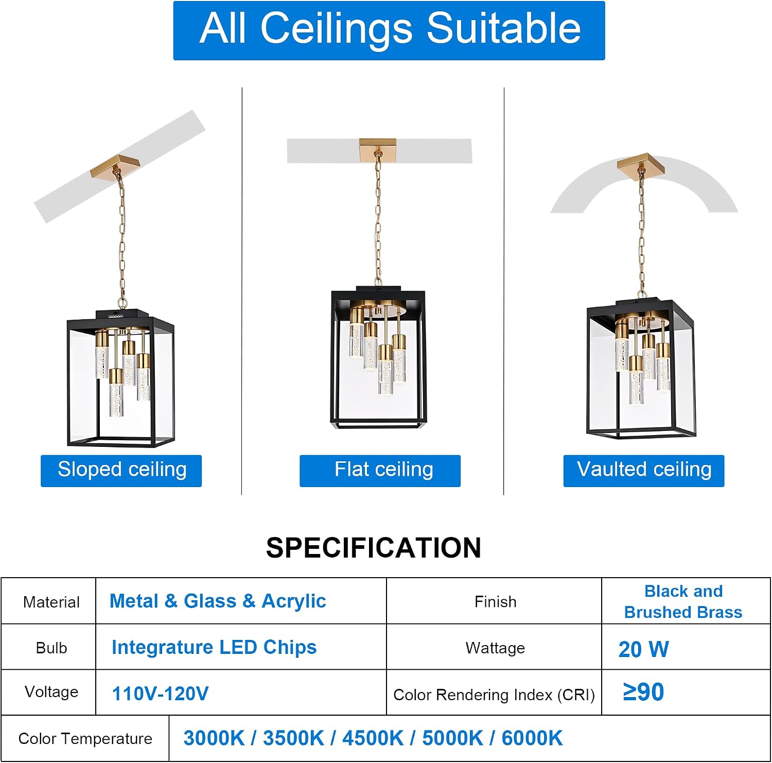 MELUCEE 15.7 Inch Outdoor Pendant Light 5 Color Dimmable LED Exterior Lantern Hanging Light Ceiling Mount with Clear Glass, Black Outside Chandelier for Porch Garage Gazebo Patio, Built-in LED Chips