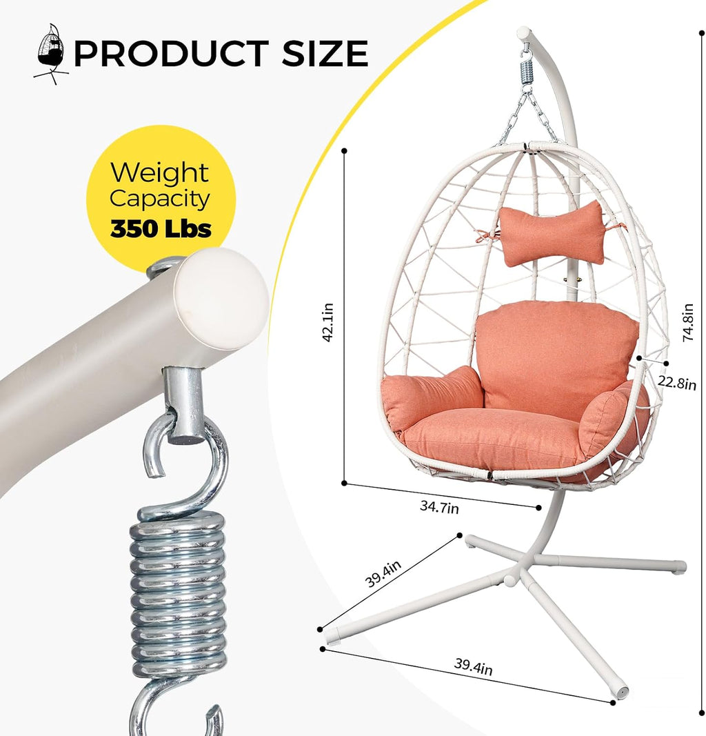 Egg Chair with Stand, Wicker Hanging Chair for Outdoor Patio, Cushioned Hammock Swing for Bedroom Garden Indoor/Outdoor, Double-Zipper Structure Hanging Egg Chair (White and Orange-red)