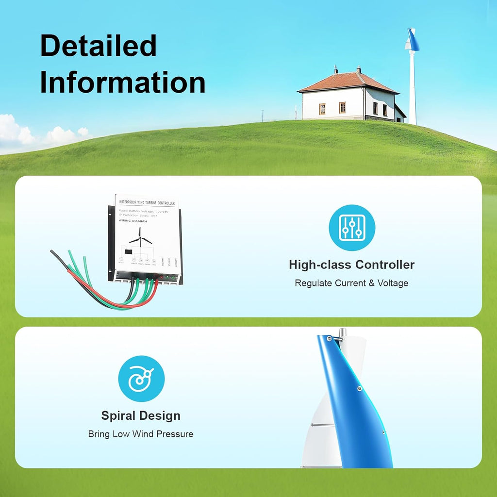 12V 500W Vertical Axis Wind Turbine Generator with Controller, Wind Turbine Generator Kit for Home Use, Rated Wind Speed 13 m/s, for Home, Business, Industrial Energy Supply