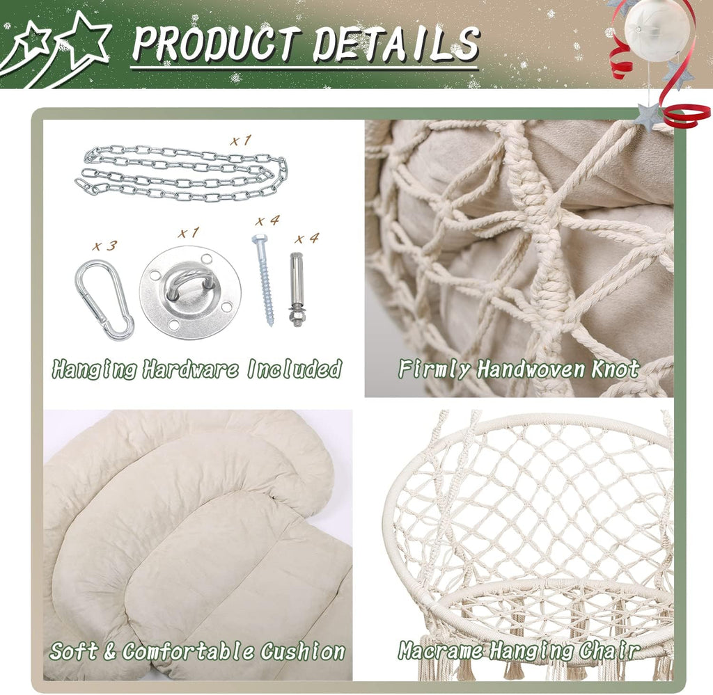 Hammock Chair with Cushion, Handmade Macrame Swing Chair with Hanging Hardware Kits, Bohemian Style Cotton Rope Hanging Chair for Bedroom Indoor Outdoor, Beige