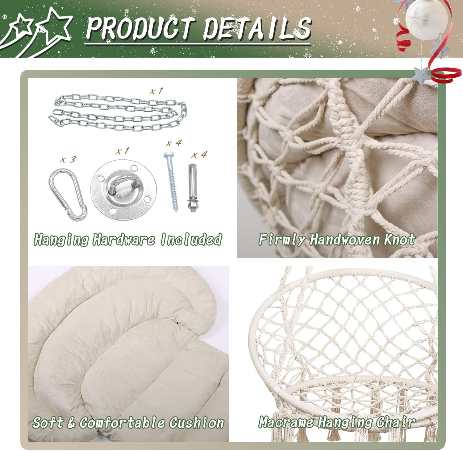Hammock Chair with Cushion, Handmade Macrame Swing Chair with Hanging Hardware Kits, Bohemian Style Cotton Rope Hanging Chair for Bedroom Indoor Outdoor, Beige