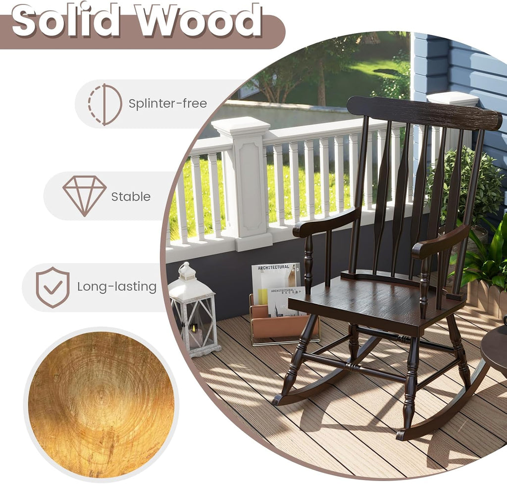 Giantex Outdoor Wood Rocking Chair Set of 2, Patio Rocking Chair w/Rubber Wood Frame, Slat Back, Outside & Indoor Rocker for Garden, Poolside, Balcony, Backyard, Lawn, Front Porch Rocker, Dark Coffee