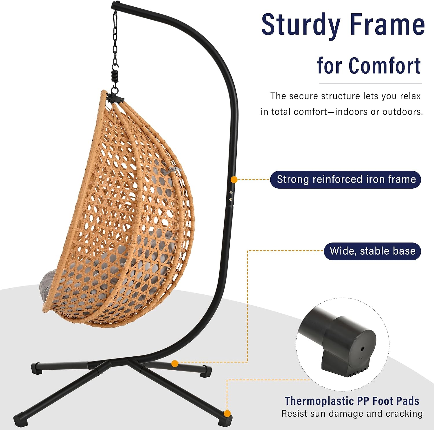 Polibi Hanging Egg Chair with Stand - PE Rattan Indoor Outdoor Swing Chair Heavy Duty 330lbs - Breathable Hollowed Design & Adjustable Headrest - Patio Balcony Garden Lounger,Brown+Yellow+Grey
