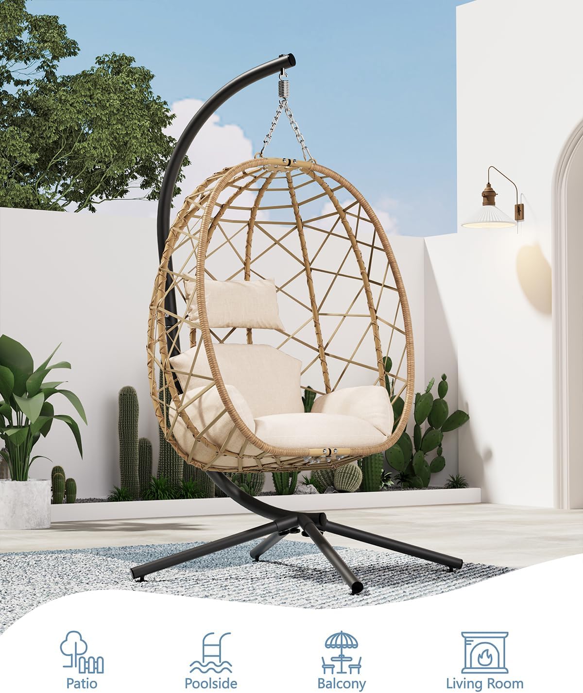 SWITTE Hanging Egg Chair with Stand, Outdoor Indoor Rattan Wicker Egg Swing Chair with Cushion, Heavy Duty Patio Hammock Chairs for Garden Backyard Balcony Bedroom, 400LBS Capacity, Cream