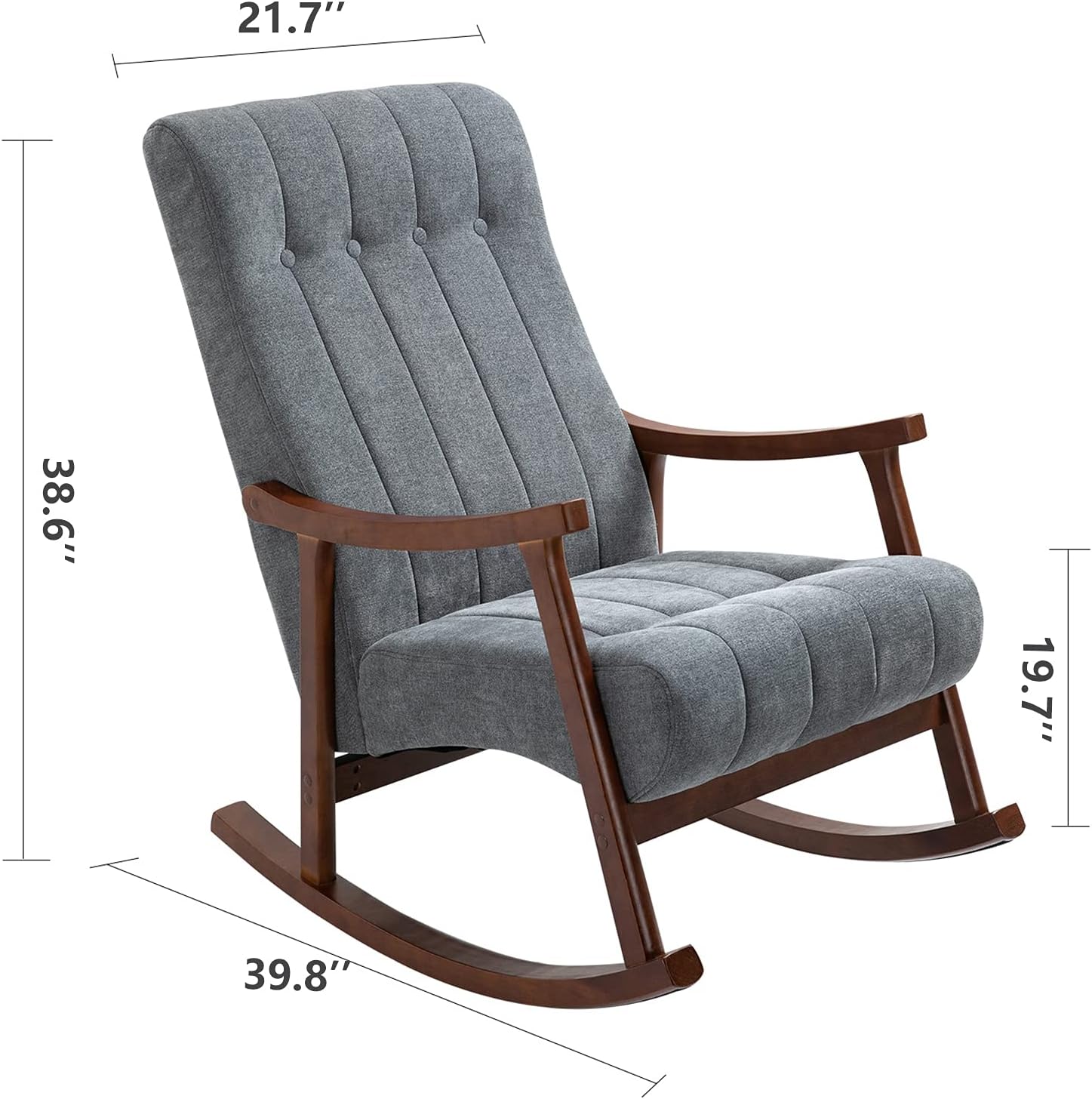 AVAWING Upholstered Rocking Chair with Fabric Padded Seat, Comfortable Rocker Solid Wood for Living Room, Modern High Back Armchair for Adult, Dark Grey