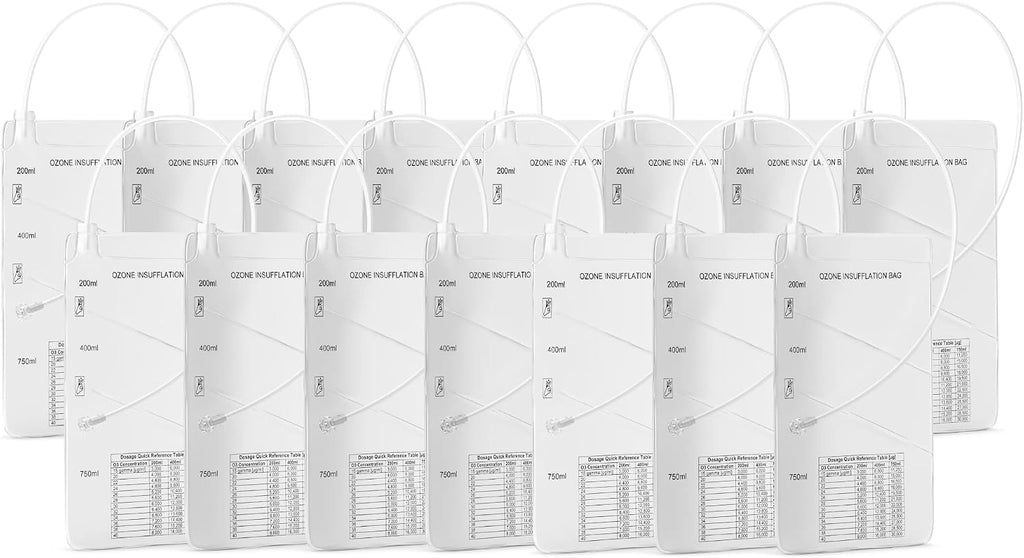 3-Chambered Ozone Insufflation Bag w/Customizable Volume (200/400/750 mL) - Compatible with Ozone Generator, Silicone Catheter, or Female Luer Lock - Medical Bag for Oxygen Therapy (15-Pack)