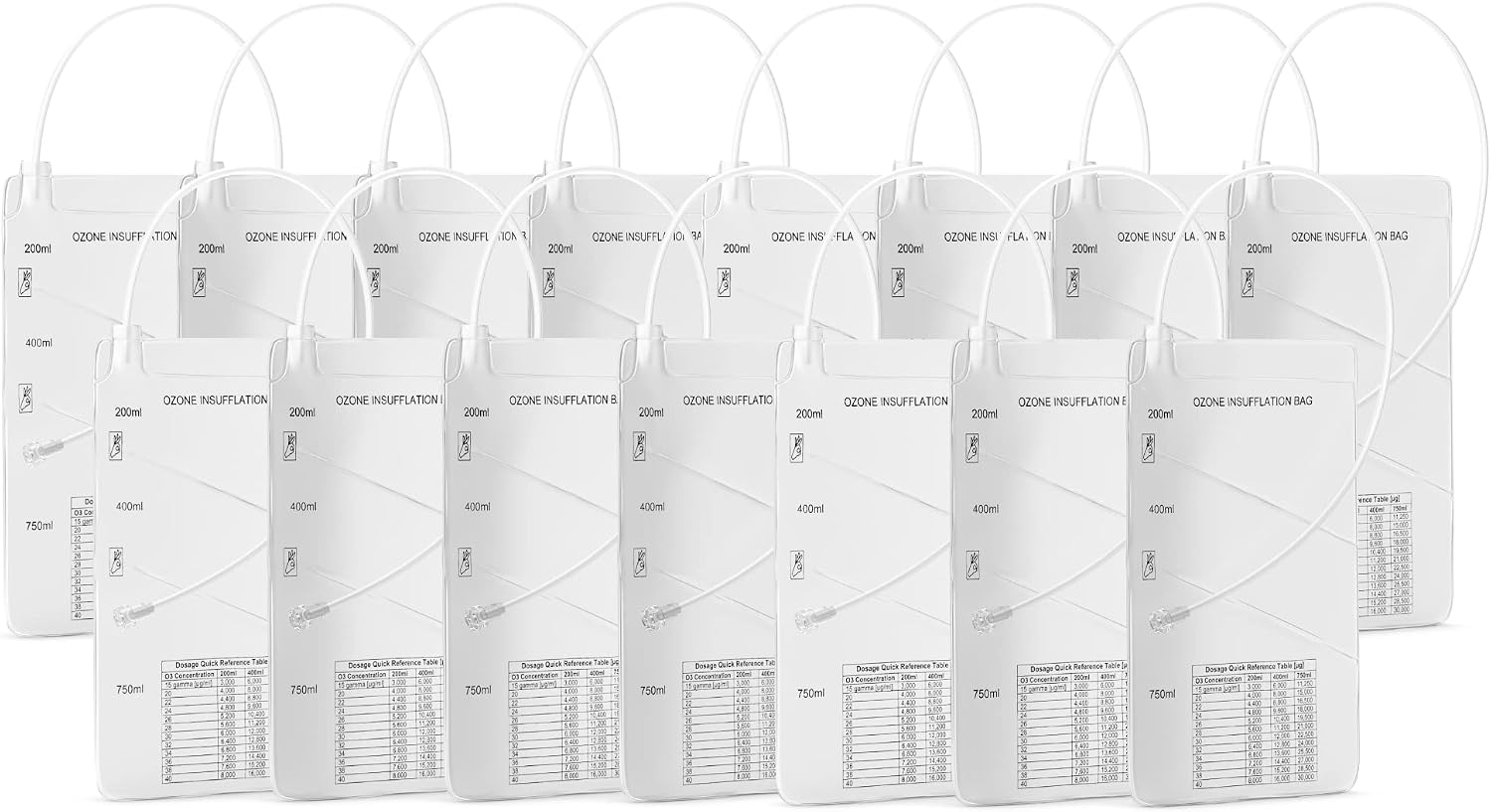 3-Chambered Ozone Insufflation Bag w/Customizable Volume (200/400/750 mL) - Compatible with Ozone Generator, Silicone Catheter, or Female Luer Lock - Medical Bag for Oxygen Therapy (15-Pack)