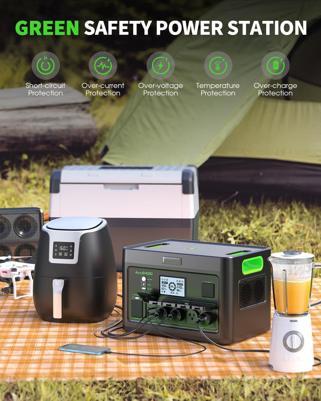 2400W Portable Power Station 1843Wh Solar Generator LiFePO4 Battery Power Bank Station PD100W USB-C & 4 AC Outlets for RV Camping Home Emergency UPS Backup