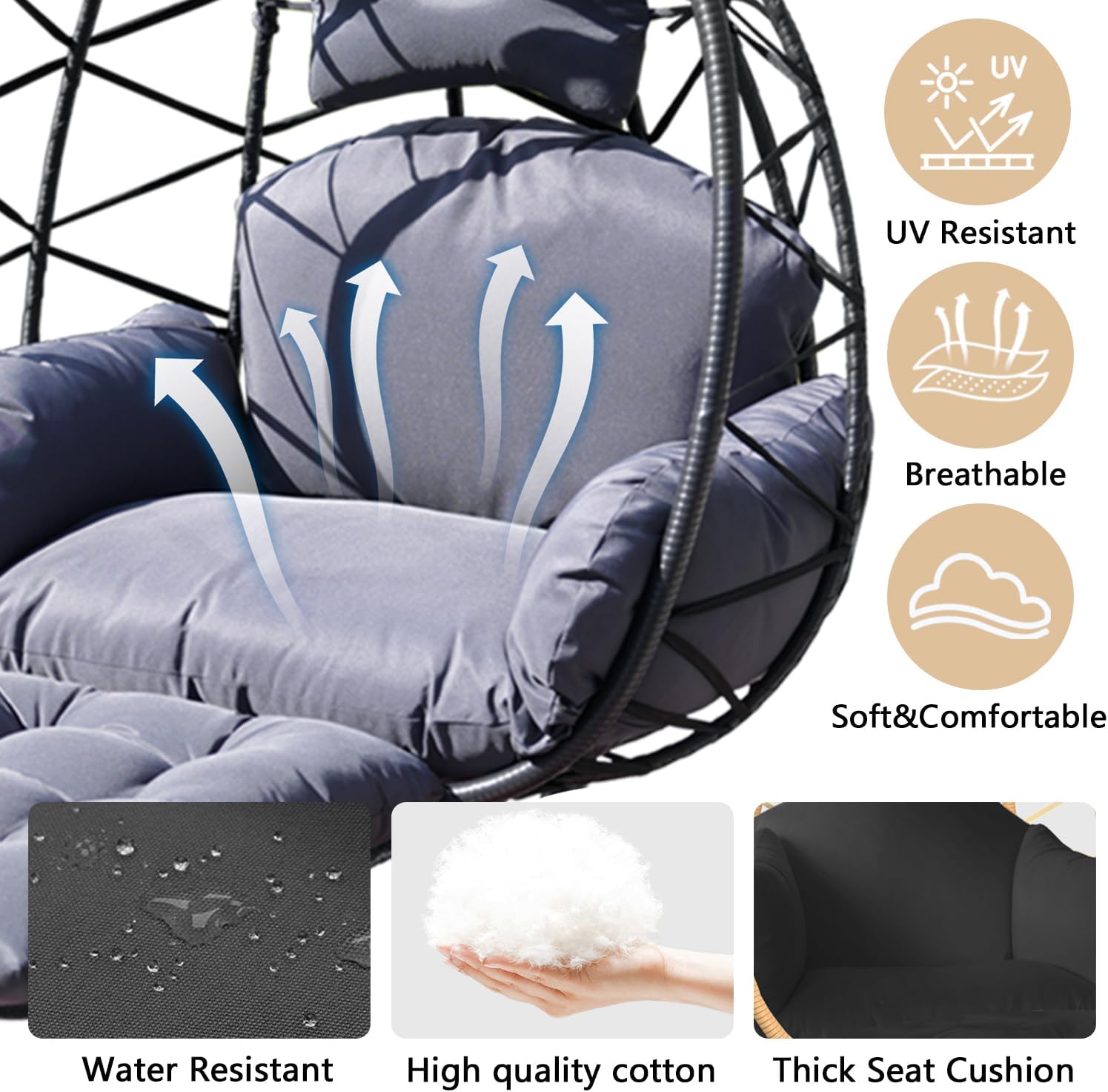 Indoor Outdoor Hanging Egg Chair with Stand & Leg Rest – Heavy-Duty Steel Frame, Handwoven Rattan Swing Chair for Patio, Garden, Bedroom – 350 lbs Capacity, Ergonomic Design (Navy)