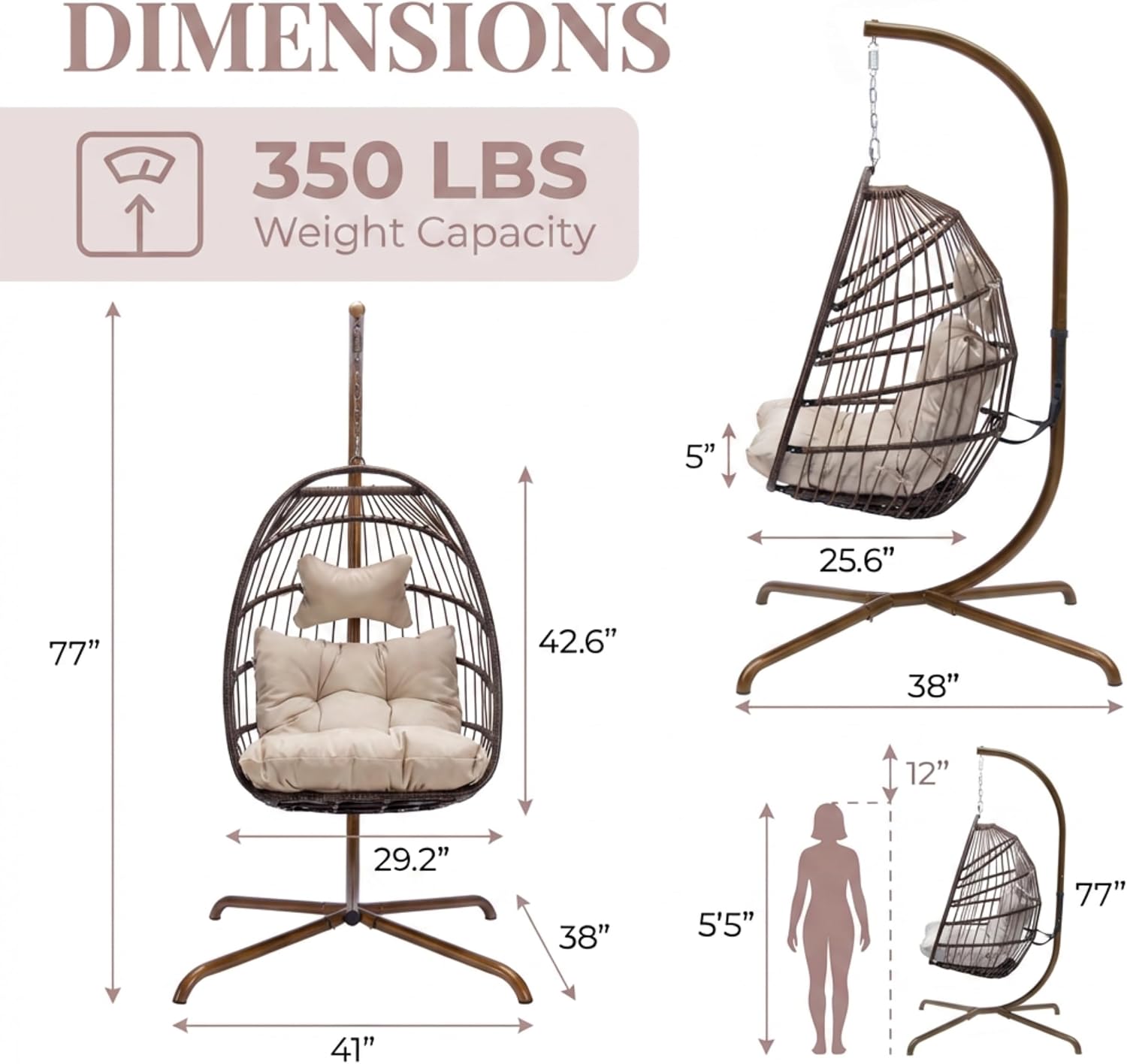 BLUEXYARD Outdoor Hanging Egg Chair with Stand, 350 Lbs Capacity Wicker Rattan Swing Chair with Cozy Cushion, Foldable Weather-Resistant Basket Hammock for Patio Balcony Lawn Bedroom, Brown Tan