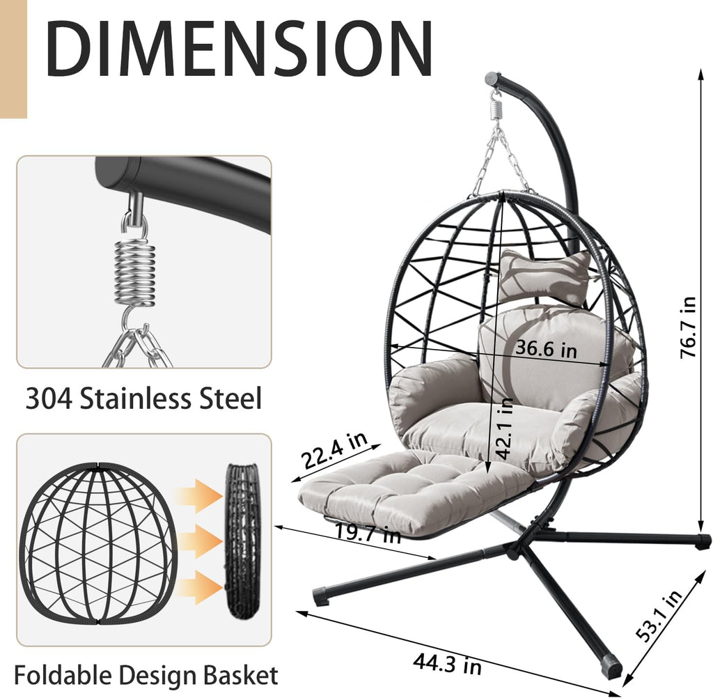 Indoor Outdoor Hanging Egg Chair with Stand & Leg Rest – Heavy-Duty Steel Frame, Handwoven Rattan Swing Chair for Patio, Garden, Bedroom – 350 lbs Capacity, Ergonomic Design (Grey)