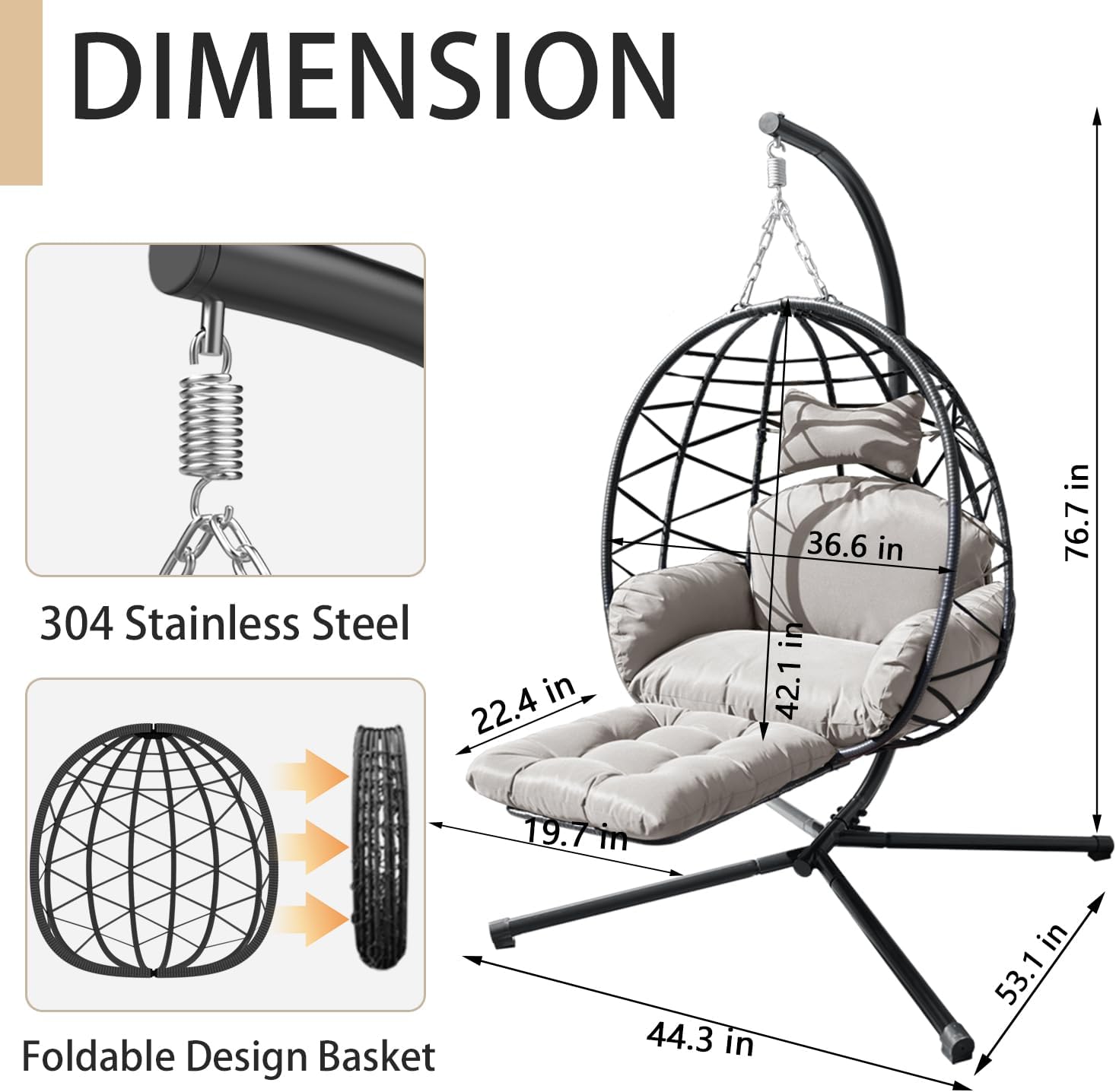 Indoor Outdoor Hanging Egg Chair with Stand & Leg Rest – Heavy-Duty Steel Frame, Handwoven Rattan Swing Chair for Patio, Garden, Bedroom – 350 lbs Capacity, Ergonomic Design (Grey)