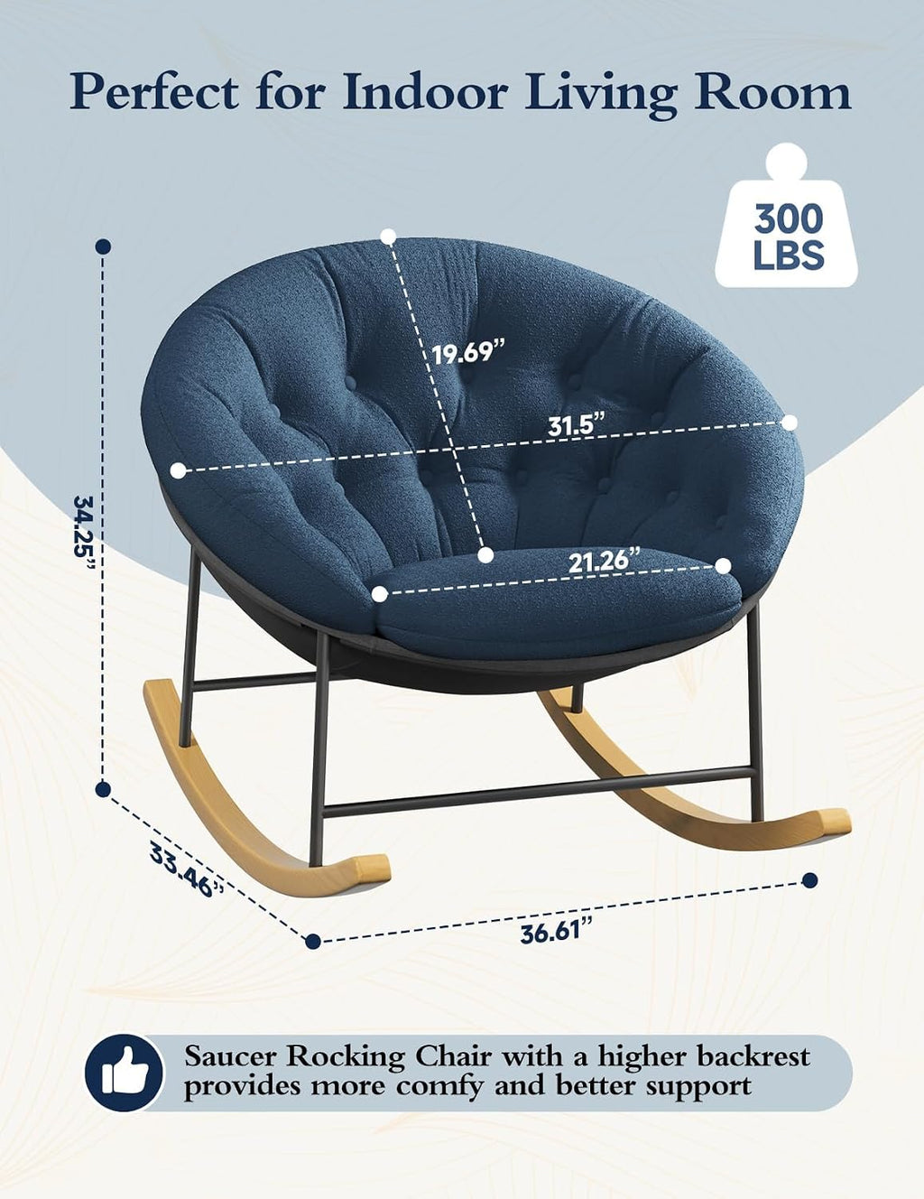 Kidirect Wide Rocking Chair Nursery, Comfy Saucer Nursery Rocking Chairs with Removable Cushion, Indoor Papasan Nursing Chair for Breastfeeding, Mecedora para Adultos for Living Room & Bedroom (Blue)
