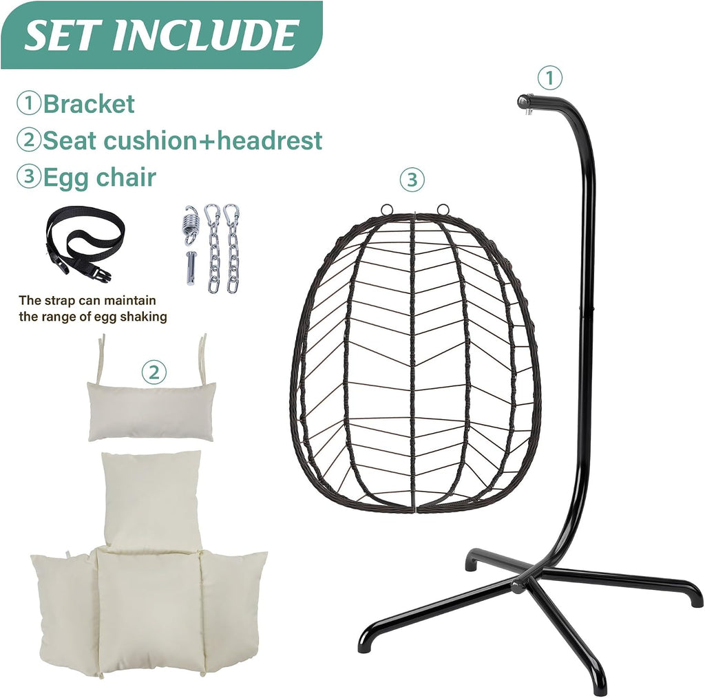 LEX CRAFT Hanging Egg Chair with Stand, Swinging Egg Chair Outdoor Indoor, Hanging Basket Chair with Cushion, Patio Wicker Hammock Chair 350lbs Capacity for Porch, Balcony, Backyard, Garden (Beige)