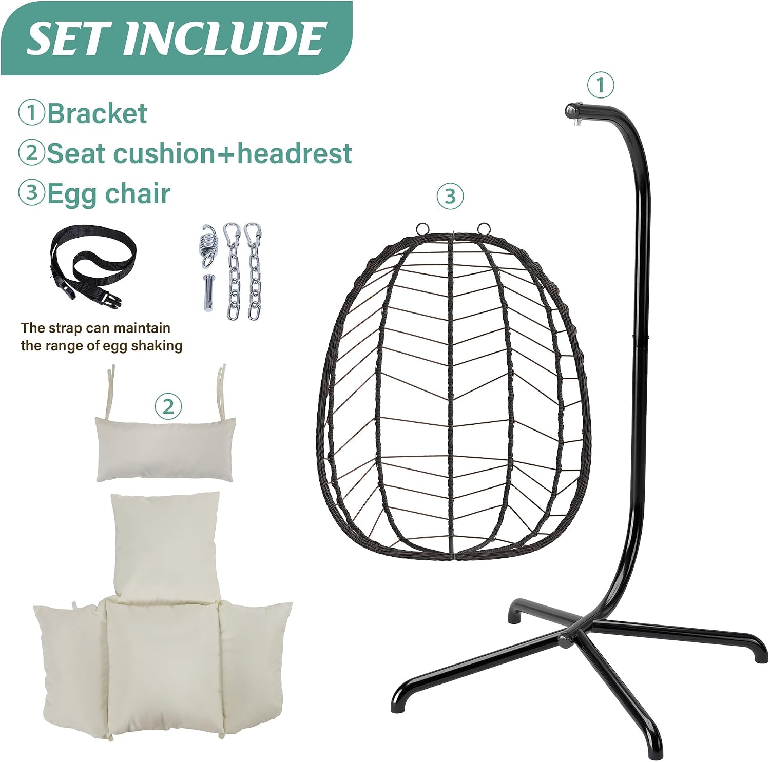 LEX CRAFT Hanging Egg Chair with Stand, Swinging Egg Chair Outdoor Indoor, Hanging Basket Chair with Cushion, Patio Wicker Hammock Chair 350lbs Capacity for Porch, Balcony, Backyard, Garden (Beige)