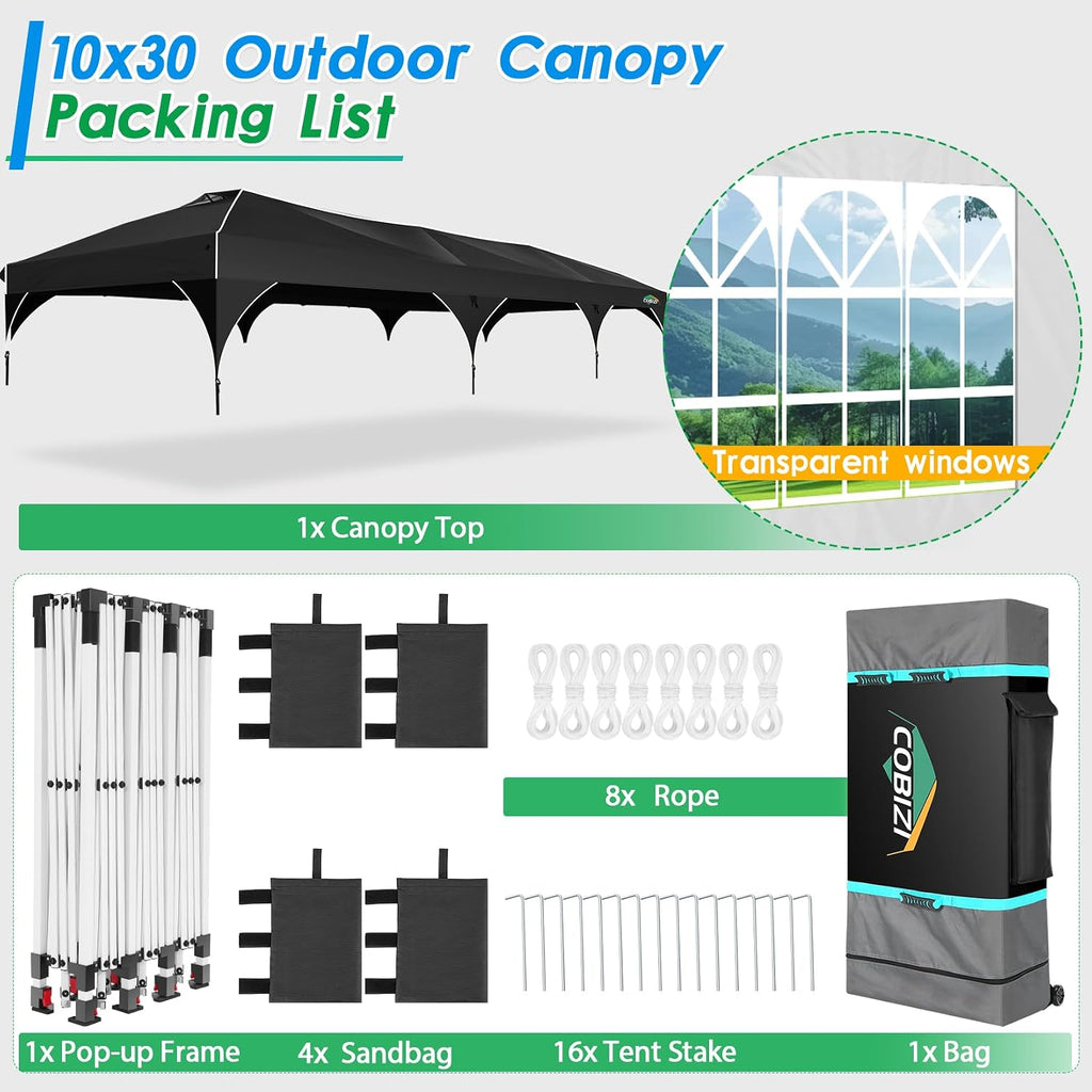 COBIZI 10x30 Pop Up Canopy Tent for Parties with 5 Sidewalls| Push Center Lock & Air Vent| Waterproof & UPF50+ |Gazebo Outdoor Tent for Party,Wedding,BBQ with 4 Sandbags, 8 Stakes & 16 Ropes,Black