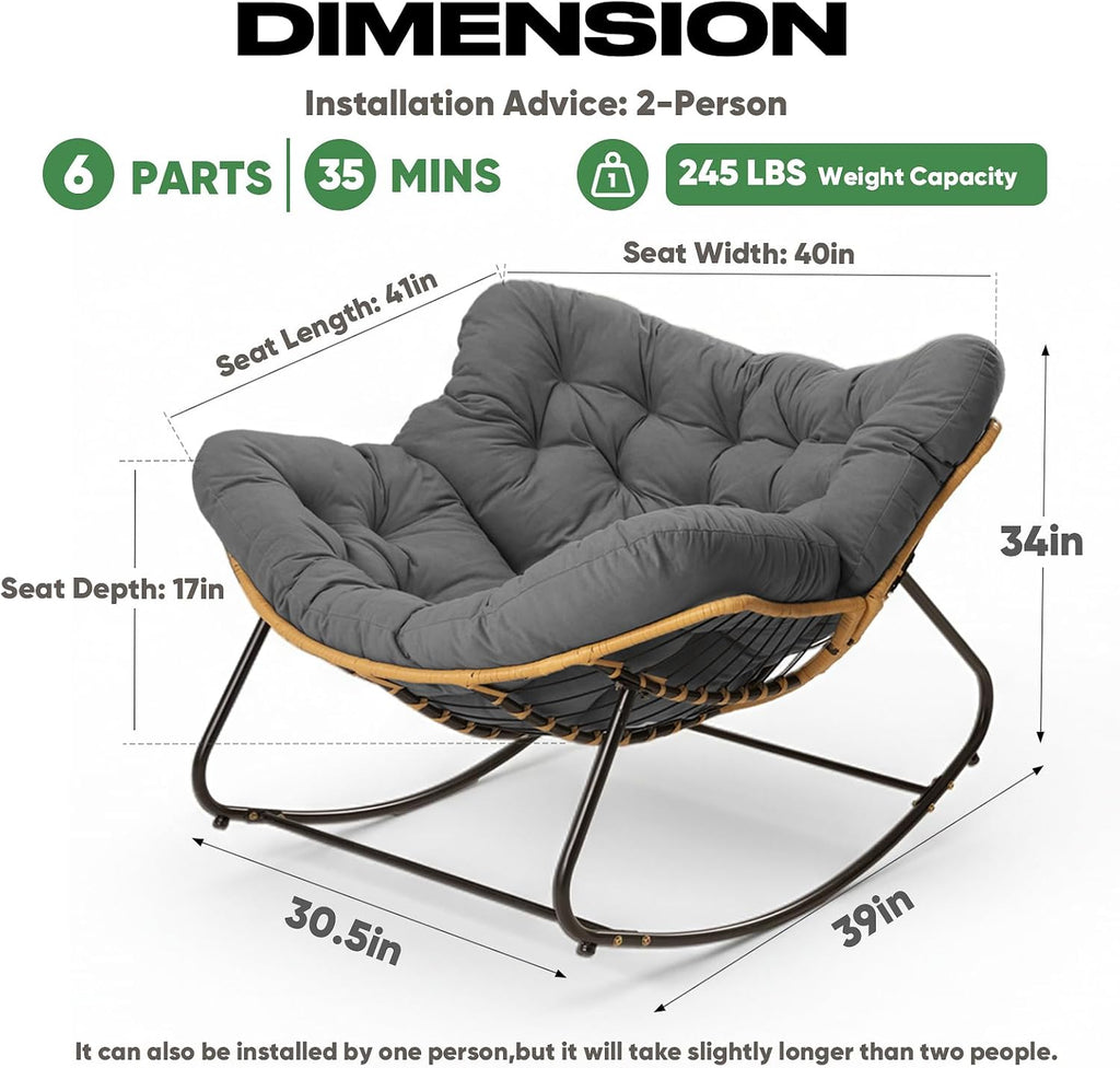 Papasan Chair with Cushion, Oversized Outdoor Rocking Chair, Patio Egg Chair Outdoor, Wicker Modern Cozy Comfy Chair for Bedroom, Living Room, Garden, Balcony, Lawn, Dark Grey