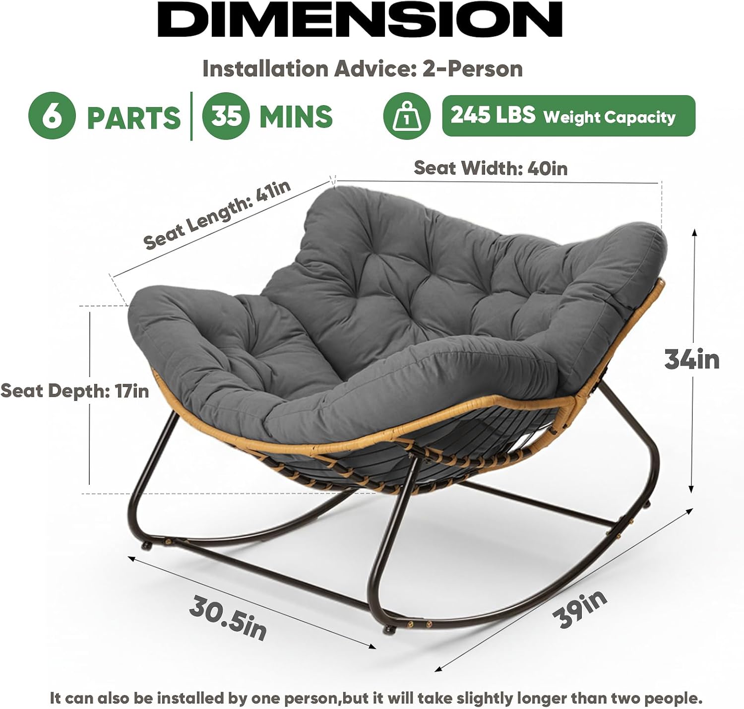 Papasan Chair with Cushion, Oversized Outdoor Rocking Chair, Patio Egg Chair Outdoor, Wicker Modern Cozy Comfy Chair for Bedroom, Living Room, Garden, Balcony, Lawn, Dark Grey