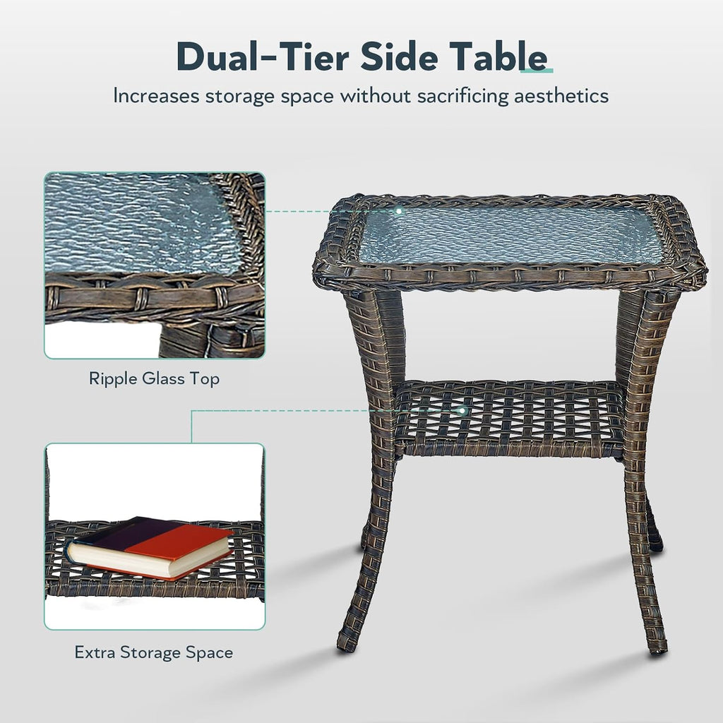 5 Piece Patio Furniture Set - Wicker Patio Conversation Set with Swivel Glider, Loveseat Bench, Tempered Glass Side Table and Coffee Table for Deck Backyard - Brown Wicker Beige Cushion